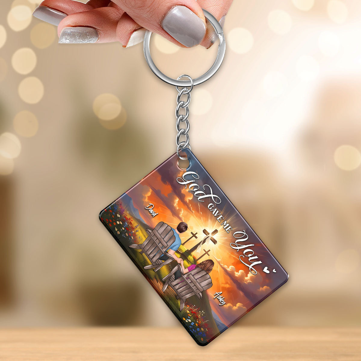 Cross God Gave Me You Couple Sitting Personalized Keychain, Anniversary Gift For Him, Her