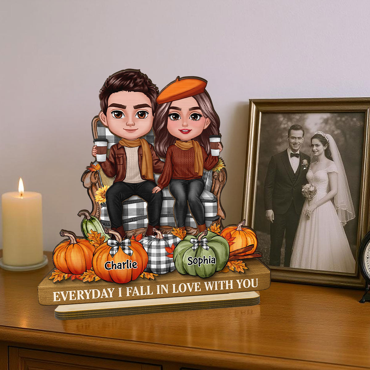 3D Effect Fall Season Couple Sitting Pumpkins Personalized 2-Layer Standing Wooden Plaque