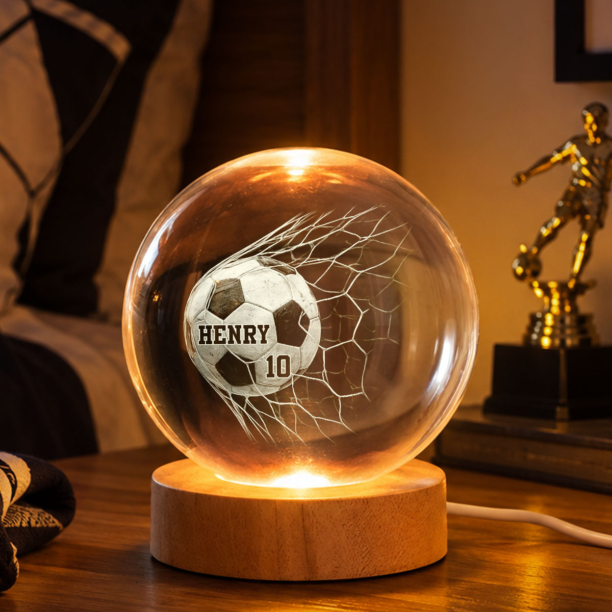Proud Soccer Player Custom Name And Number - Personalized Crystal Ball - Christmas Gift For Teenagers, Soccer Players, Soccer Lovers, Daughter, Granddaughter, Son, Grandson