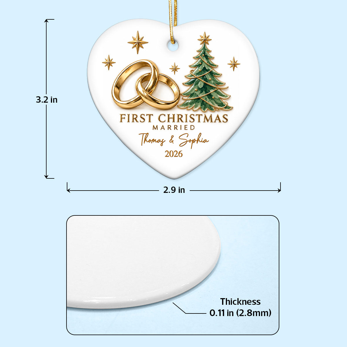 First Christmas Married Couple Names Wedding Rings - Personalized Ceramic Ornament - Newlywed Christmas Gift, Wedding Keepsake