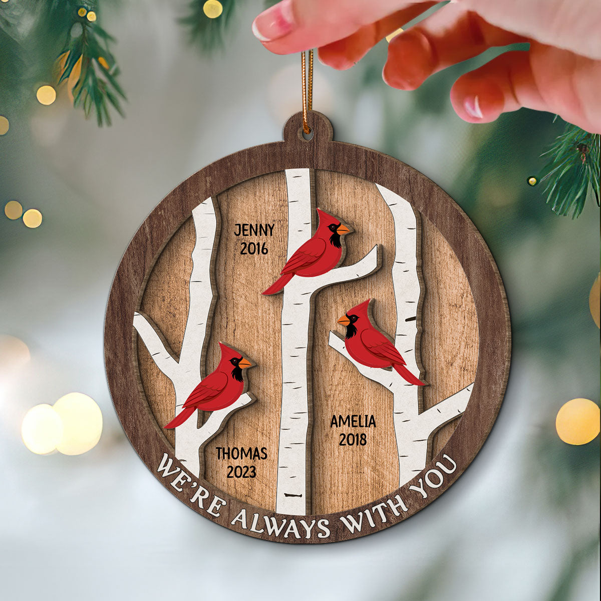 Cardinals Birch Tree Christmas Memorial Personalized 2-Layer Wooden Ornament, Sympathy Gift, Memorial Gift