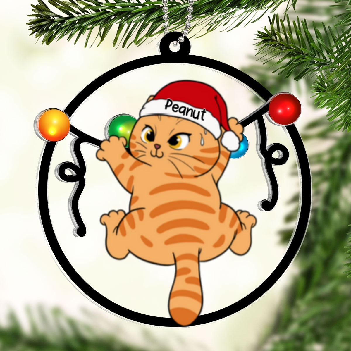 Cat Swinging Christmas Lights Personalized 2-Layer Acrylic Ornament, Christmas Decoration