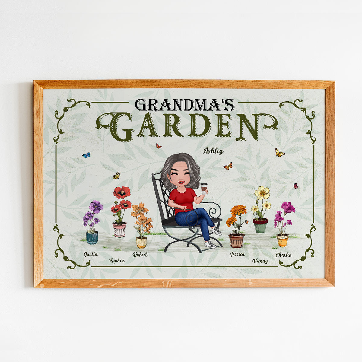 Grandma's Garden Woman Sitting Birth Month Flowers Pot Personalized Poster