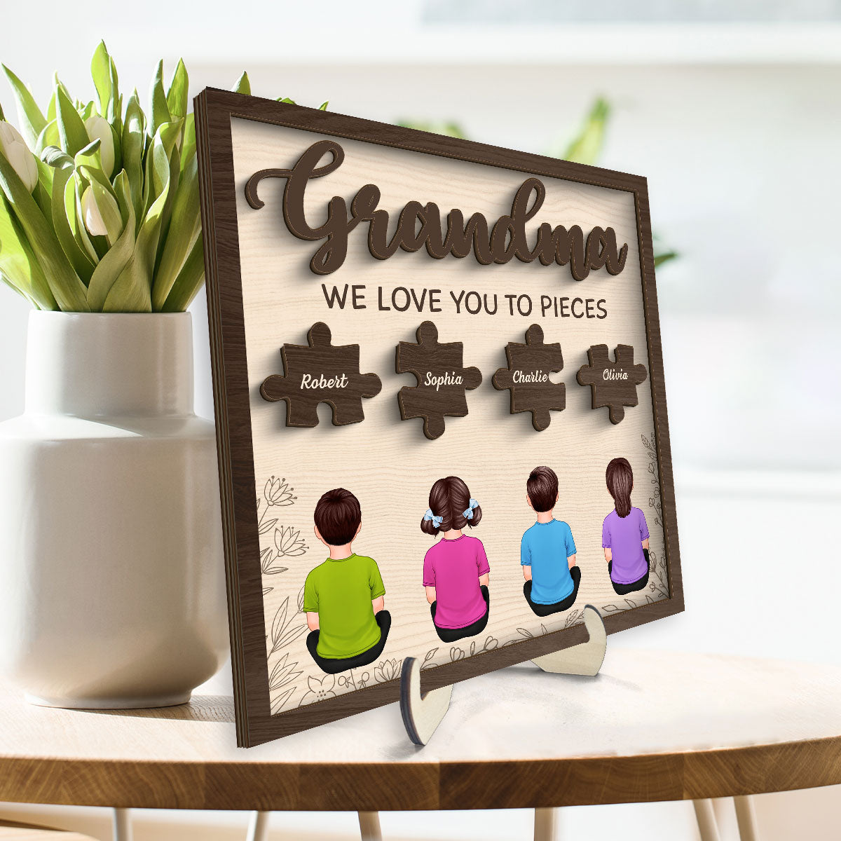 Grandma We Love You To Pieces Personalized 2-Layer Wooden Plaque