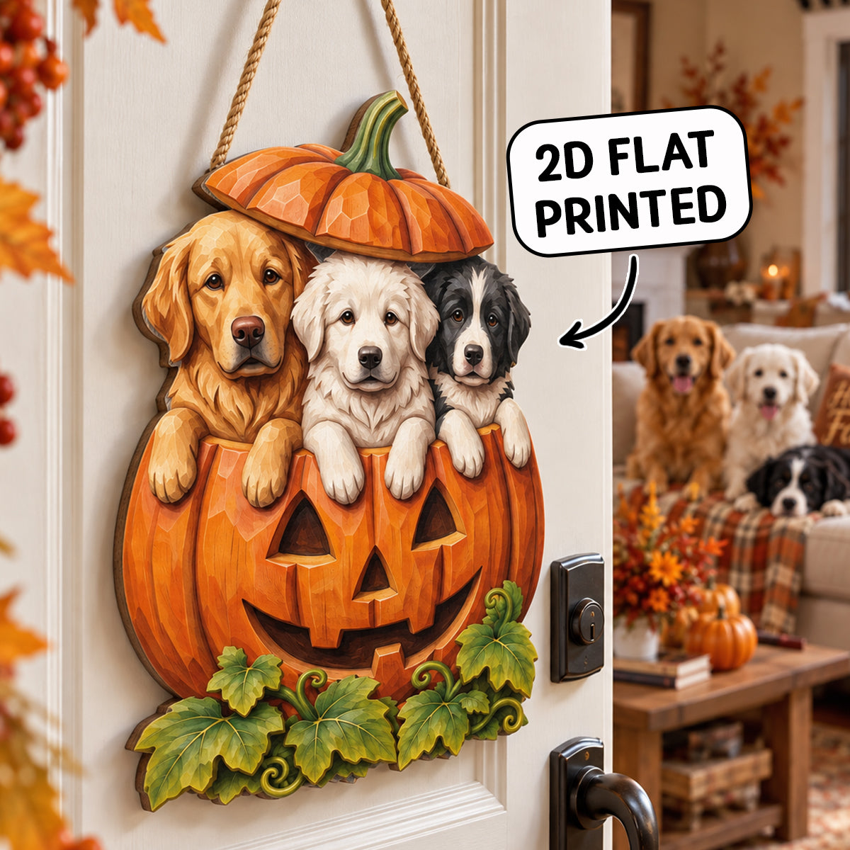 Custom Dog Cat Pumpkin Art - Personalized Wooden Door Sign - Pet Halloween Fall Decor