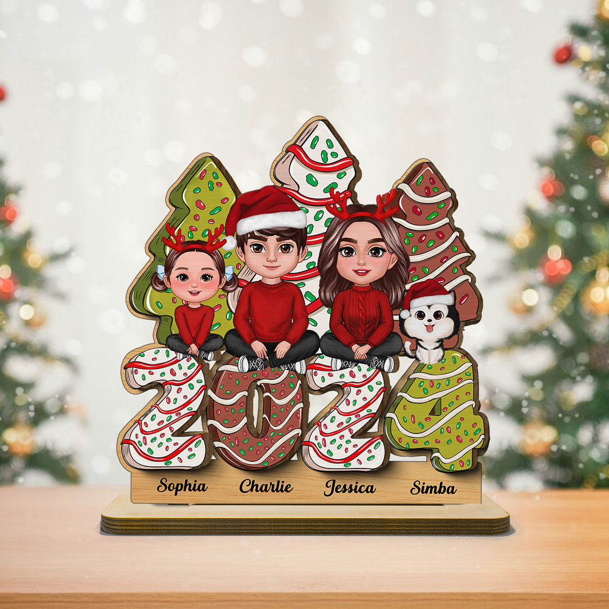 Family Crossed Legs Sitting Christmas Tree Cake Patterned Personalized 2-Layer Standing Wooden Plaque