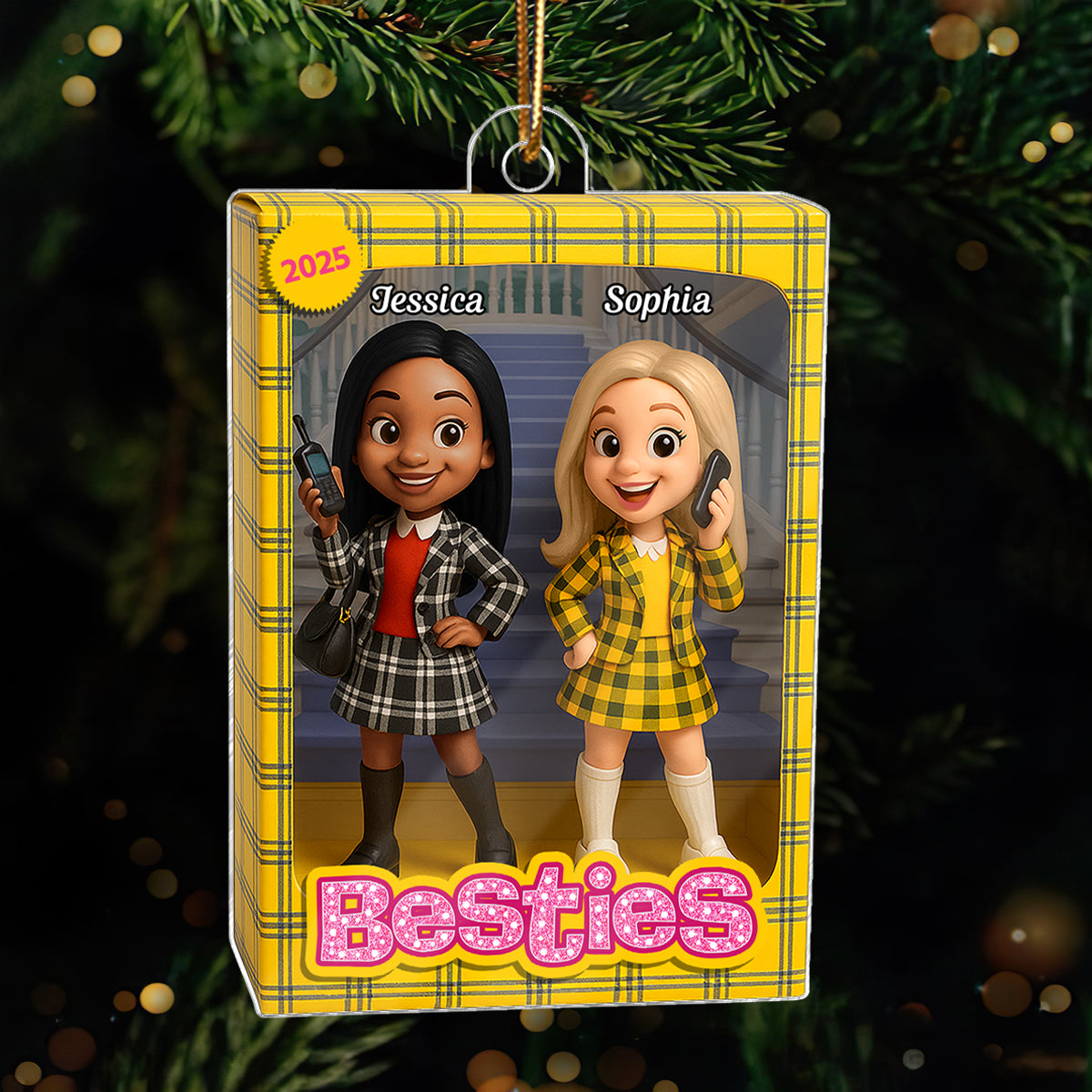 Besties Plaid Dresses Toy Box Style - Personalized Acrylic Ornament - Christmas Gift For Best Friends