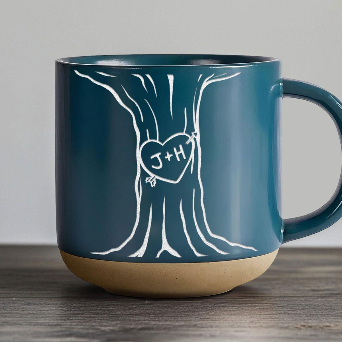 Couple Name Initials Engraved In A Heart Tree - Personalized Pottery Mug - Valentine's Day, Anniversary, Engagement Gift