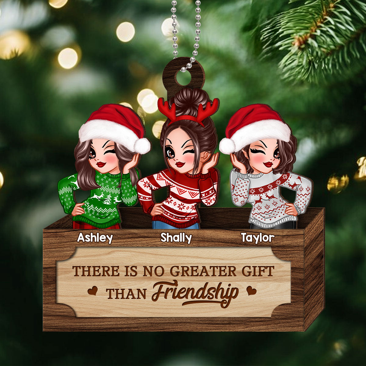 Christmas Besties Sister In Box Personalized 2-Layer Wooden Ornament
