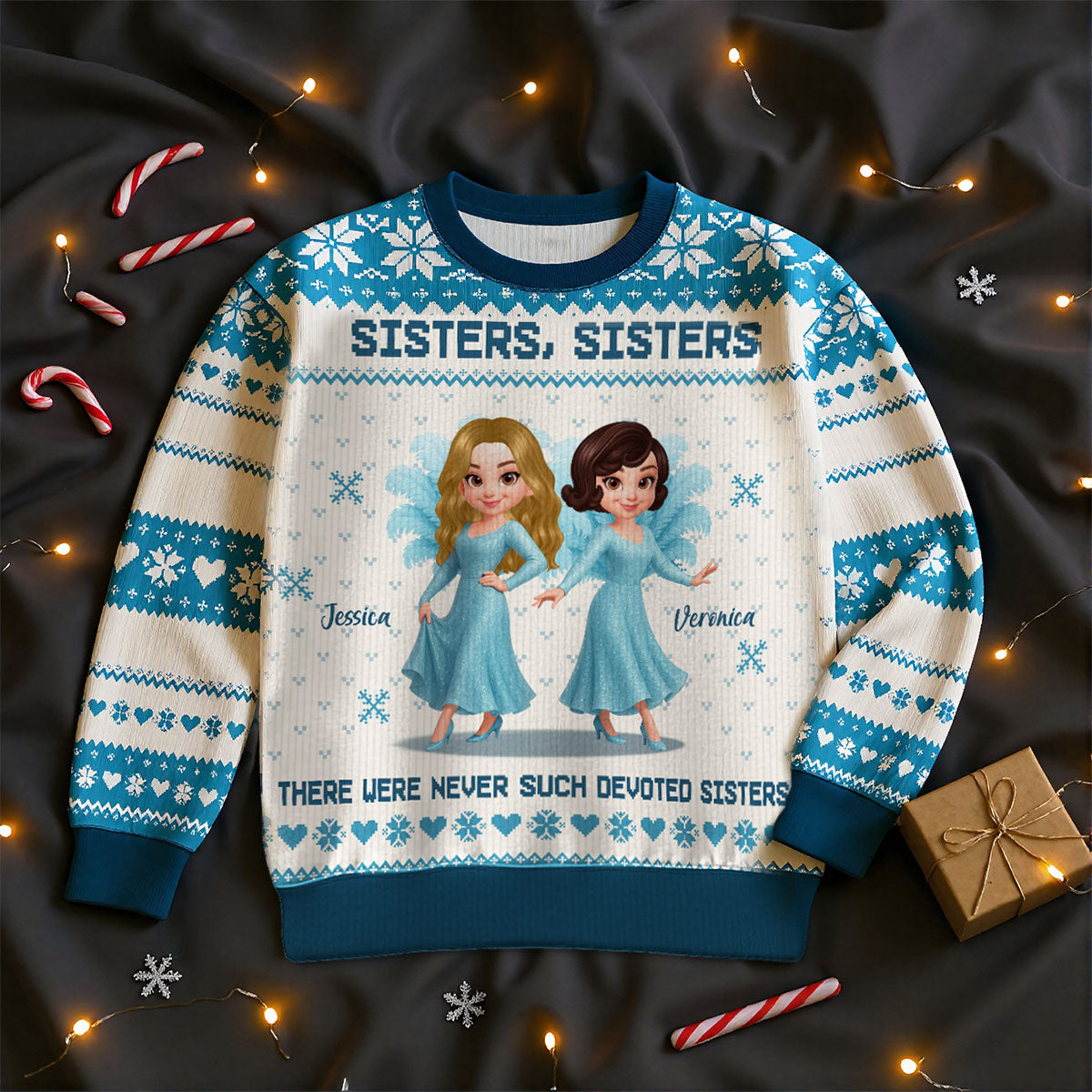 Sisters Sisters Besties in Blue Dresses Personalized Faux Knitting Ugly Sweater, Christmas Matching Costume For Sisters, Best Friends