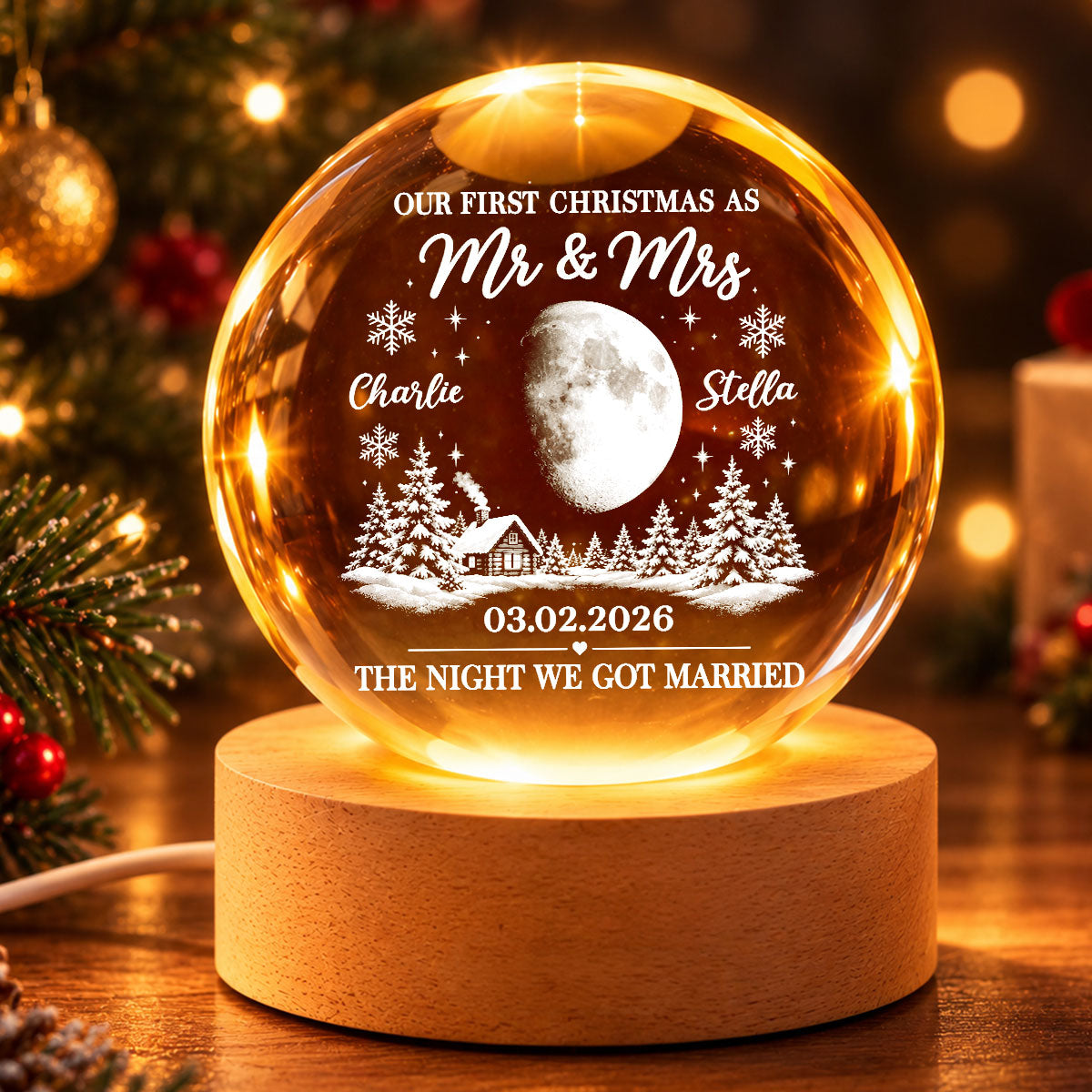 Our First Christmas As Mr Mrs Custom Moon Phase Anniversary Date - Personalized Crystal Ball LED Night Light - Christmas Gift For Newly Wedding Couple, For Him, For Her, Husband, Wife
