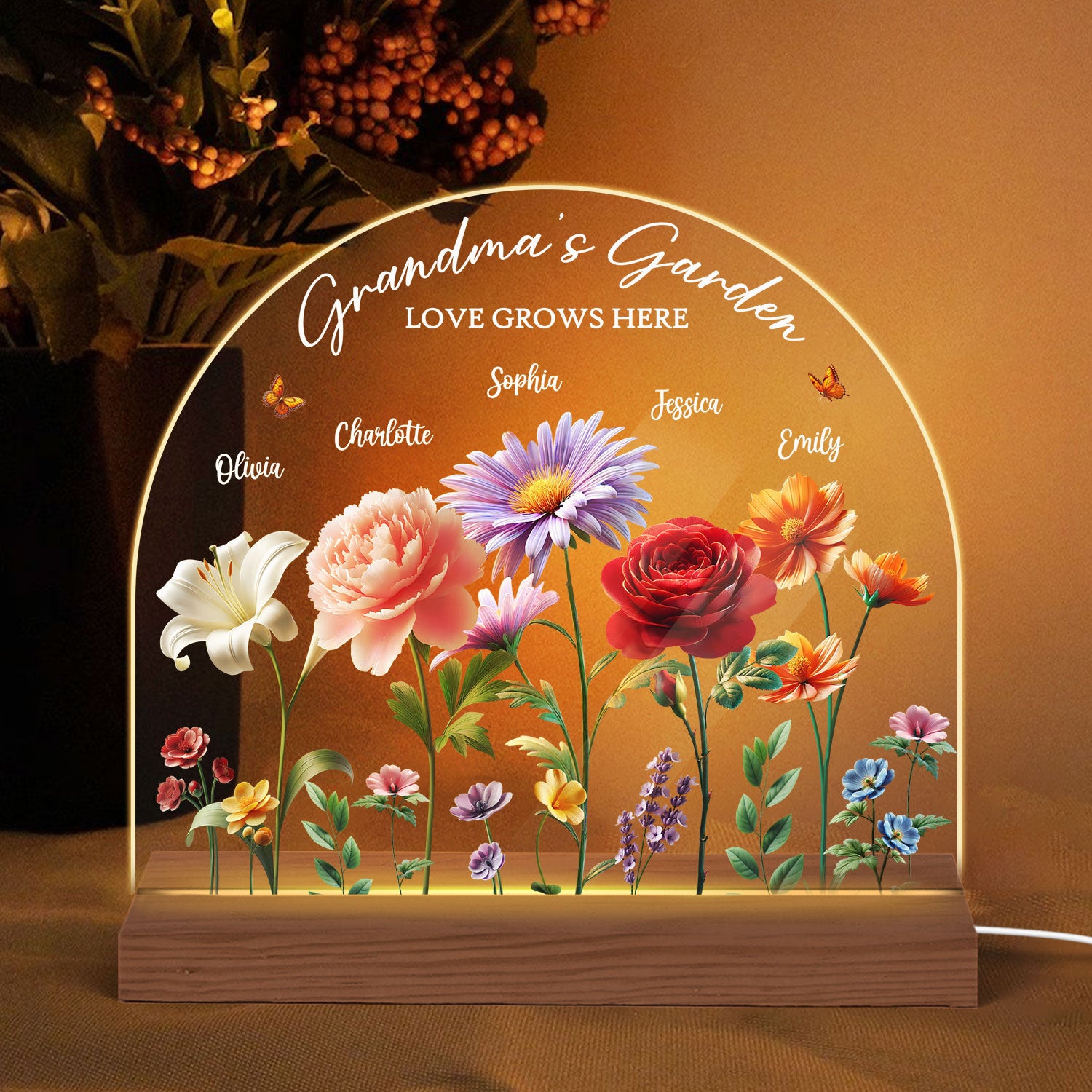 Grandma's Garden 3D Effect Birth Month Flowers Personalized Custom Shape Acrylic Warm LED Night Light