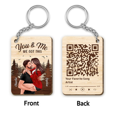 Together Since Man Holding Woman Kissing Favorite Song QR Code Personalized Wooden Keychain