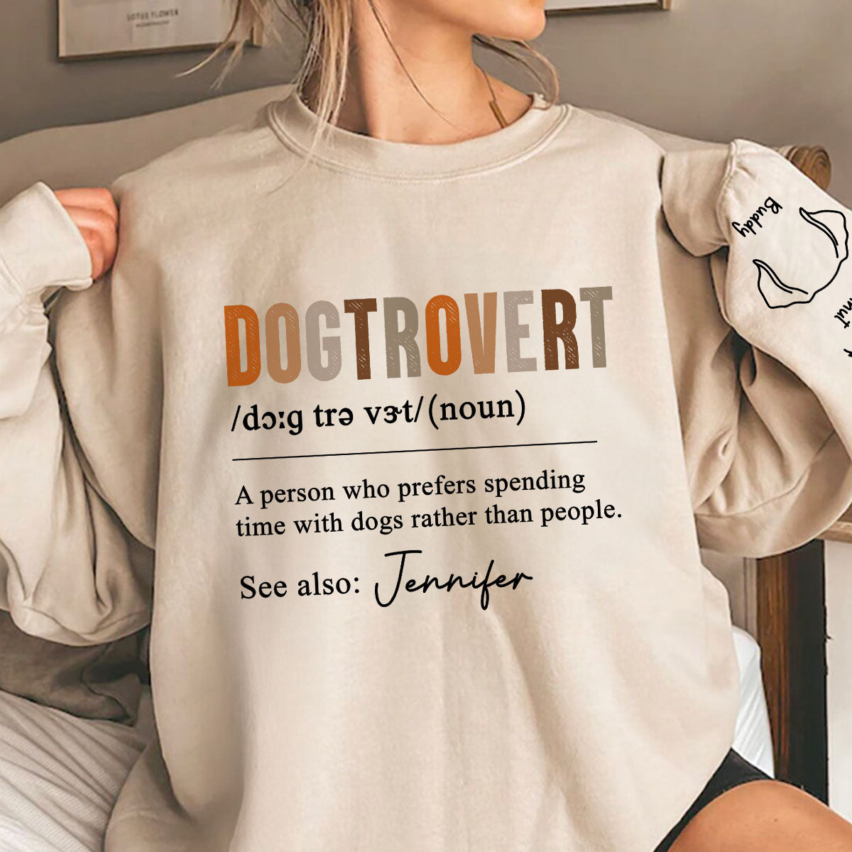 Dogtrovert Definition With Dog Names Personalized Sleeve Printed Sweatshirt