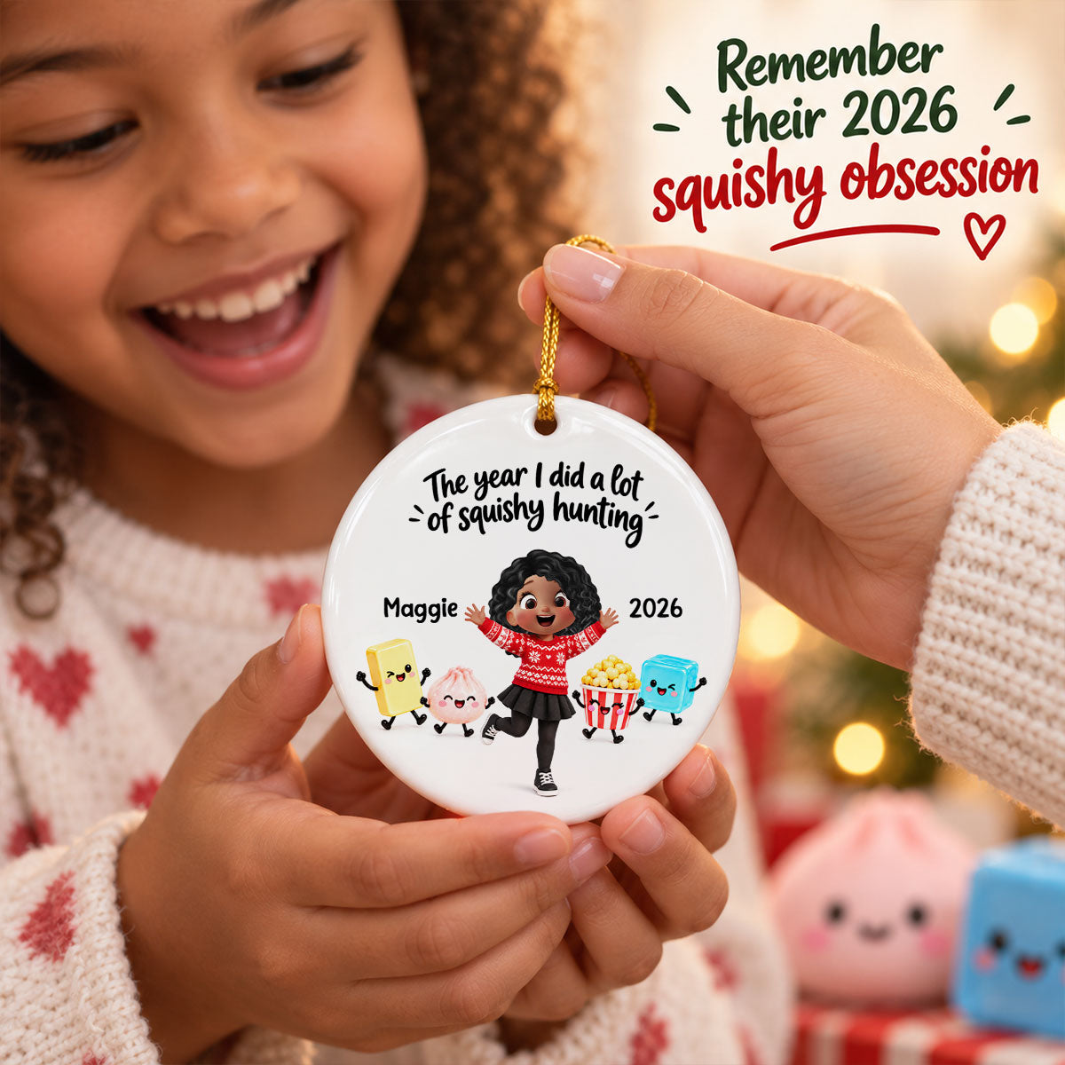Cute Girl Boy The Year Of Squishy Hunting - Personalized Ceramic Ornament - Christmas Gift For Daughter, Son, Grandchildren, 2026 Keepsake