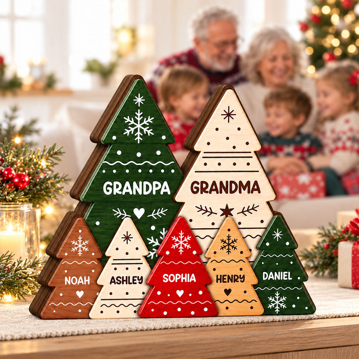 Rustic Christmas Tree - Personalized Wooden Block Plaque - Christmas Decor For Grandparents
