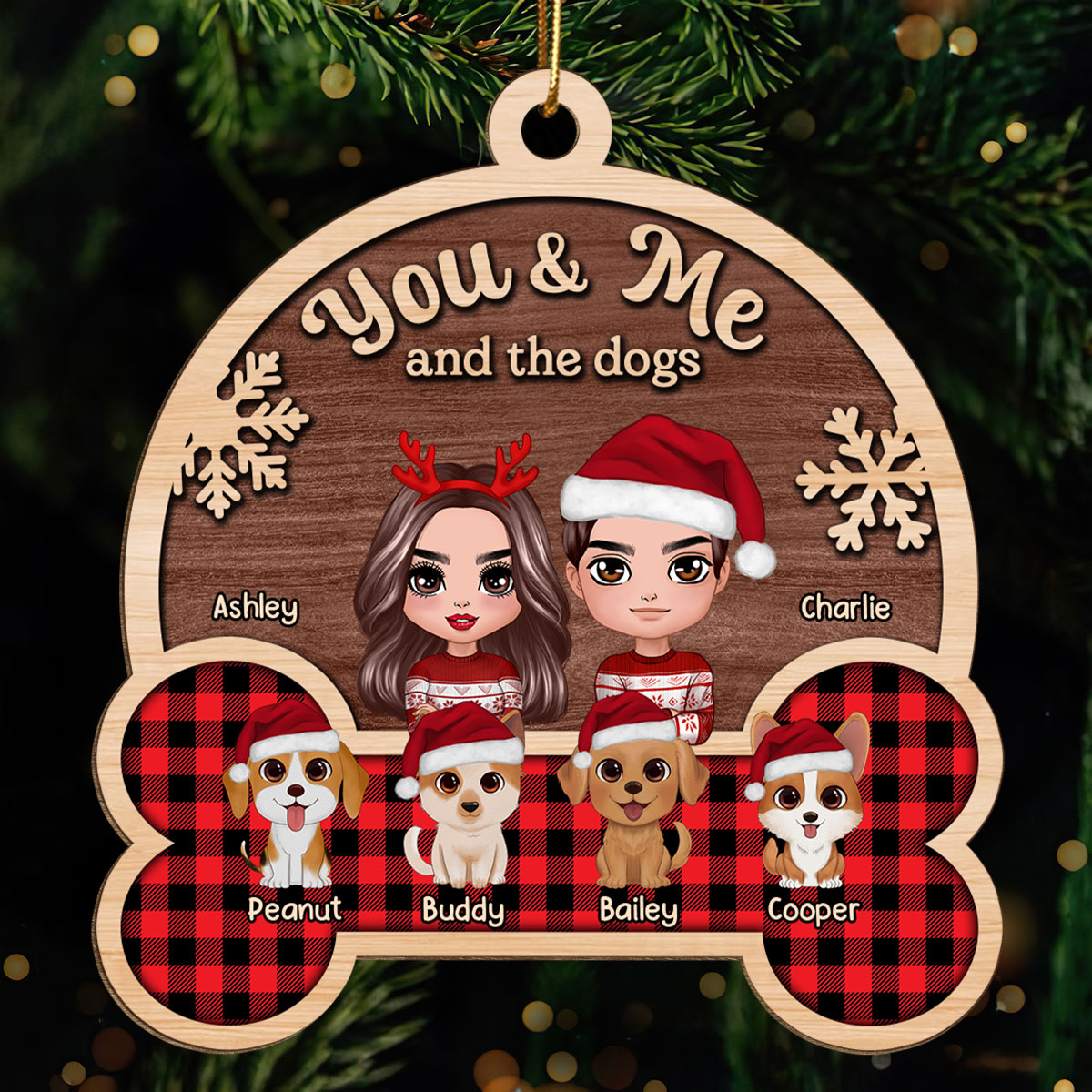 You Me And The Cute Dogs Checkered Patterned Personalized Wooden Ornament
