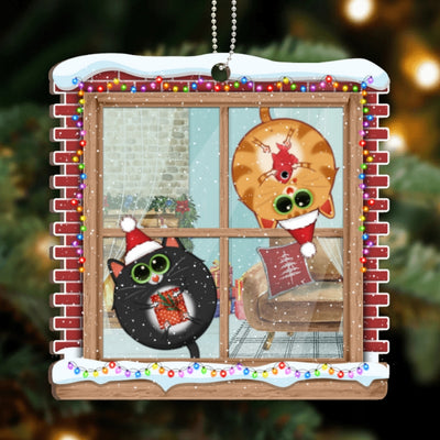 Funny Cat Hanging On Window Personalized Wooden Ornament