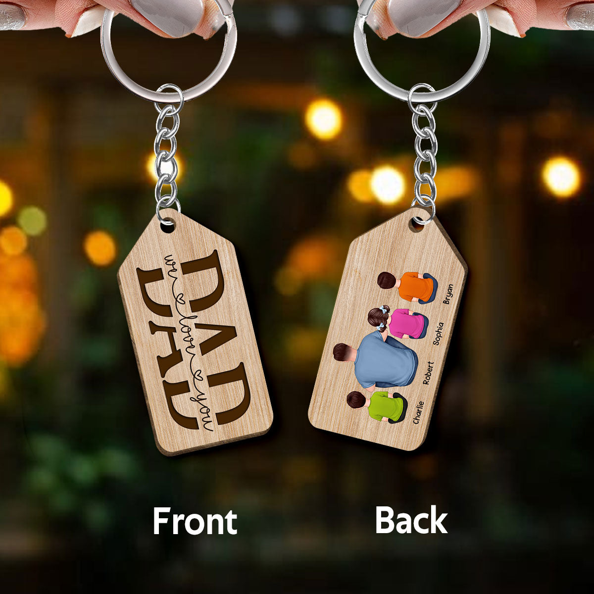 Awesome Dads Have Awesome Kids Back View Man & Kids Dog Cat Personalized Wooden Keychain
