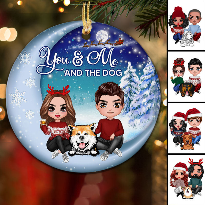 Couple And Dogs Christmas Moon Night Personalized Circle Ornament
