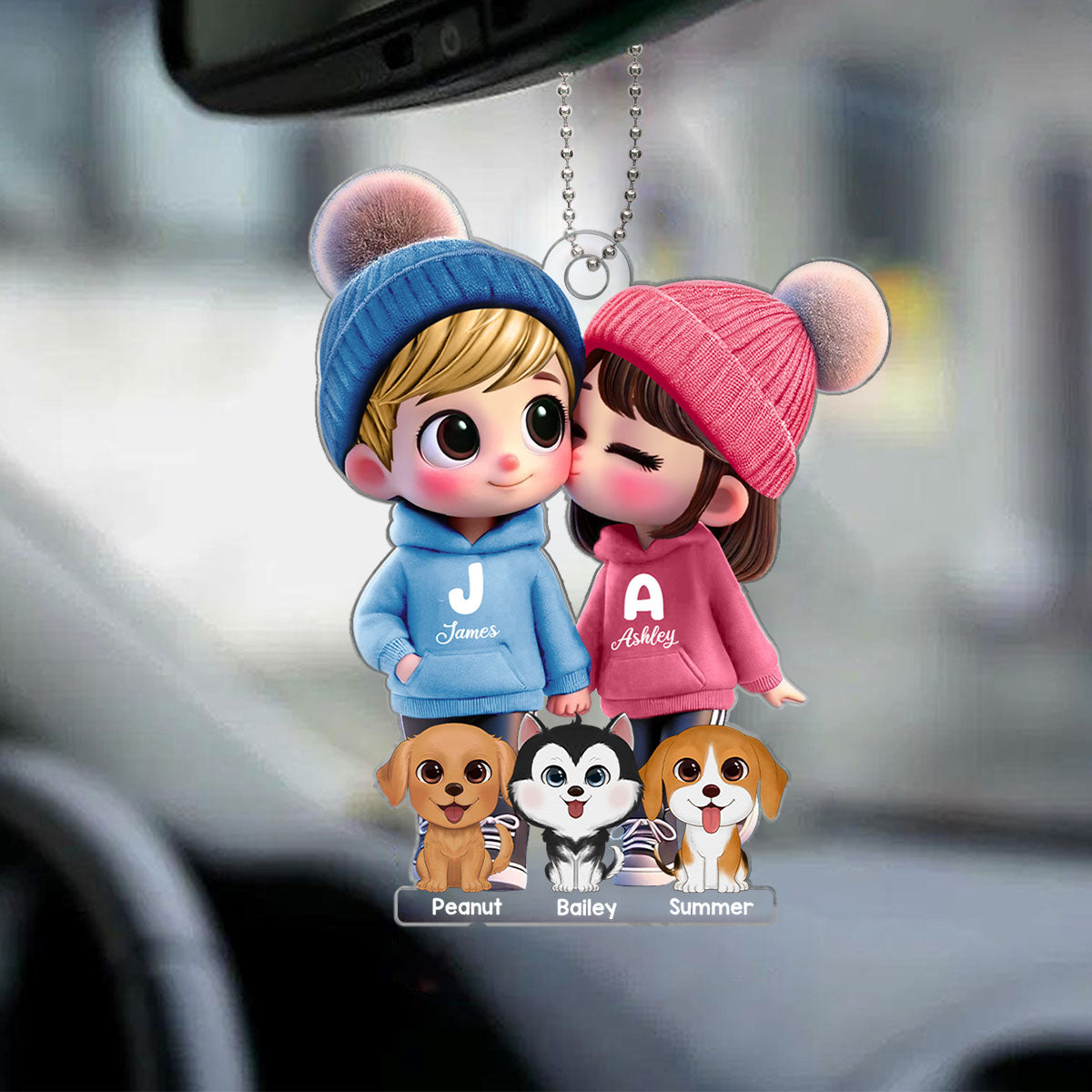 3D Effect Cute Cartoon Couple Watercolor Dogs Cats Personalized Acrylic Car Hanger,  Gift for Him, Gift for Her, Pet Lovers
