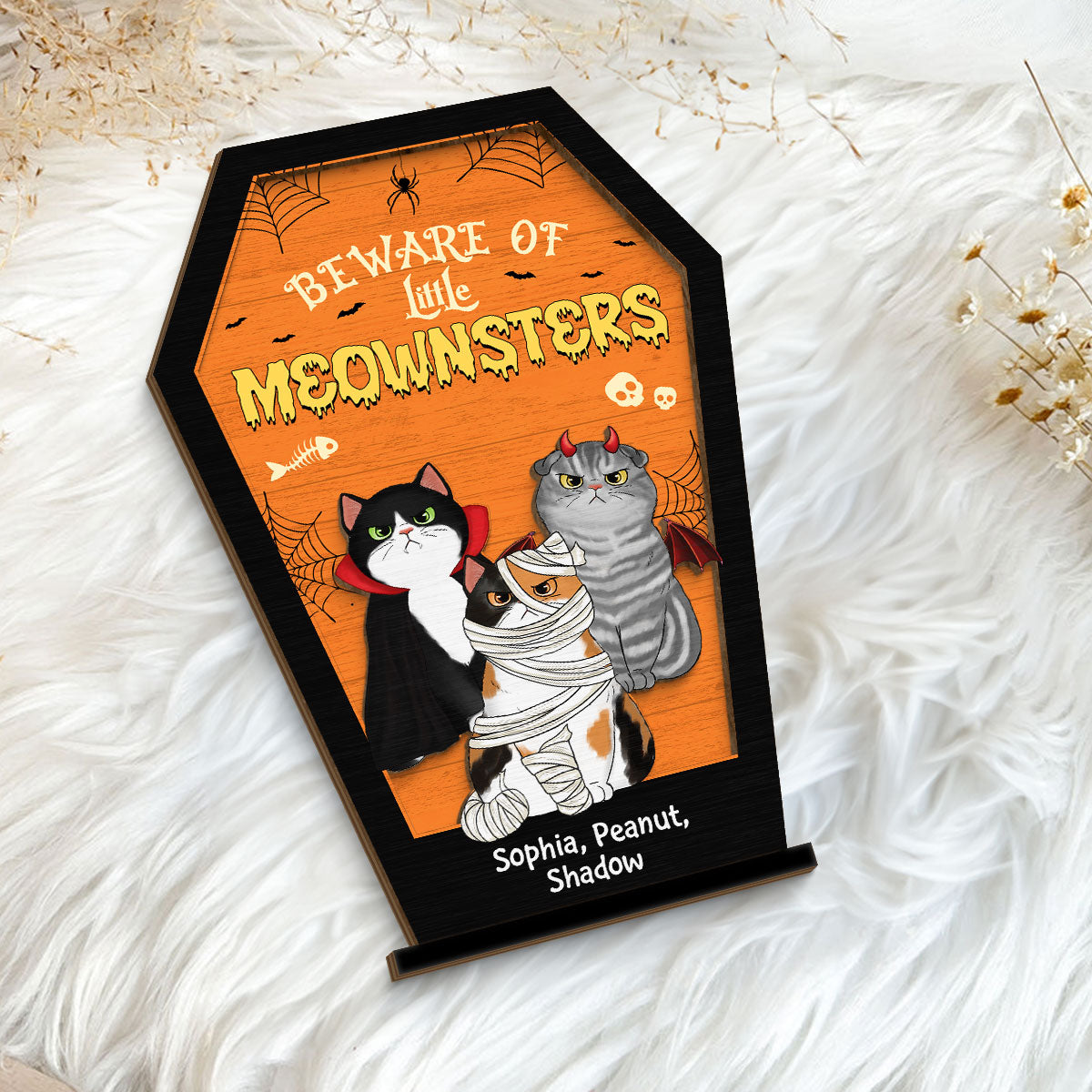 Beware Of Little Meownsters Coffin Shaped Personalized 2 Layer Standing Wooden Plaque, Halloween Tiered Tray Decor
