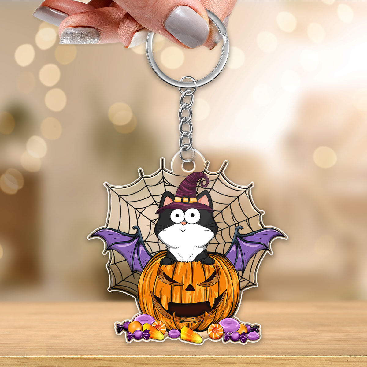 Halloween Funny Expression Cats On Pumpkin Spider Net Personalized Acrylic Keychain