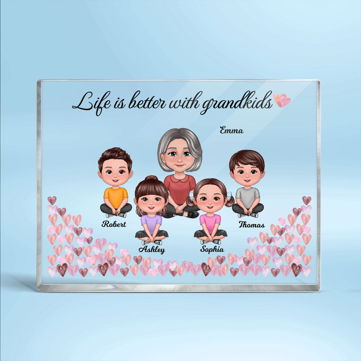 Pretty Doll Grandma Grandkids Watercolor Pink Hearts Personalized Rectangle Acrylic Block Plaque