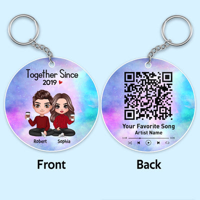 Doll Couple Sitting Together Since Favorite Song Scannable QR Code Personalized Circle Acrylic Keychain