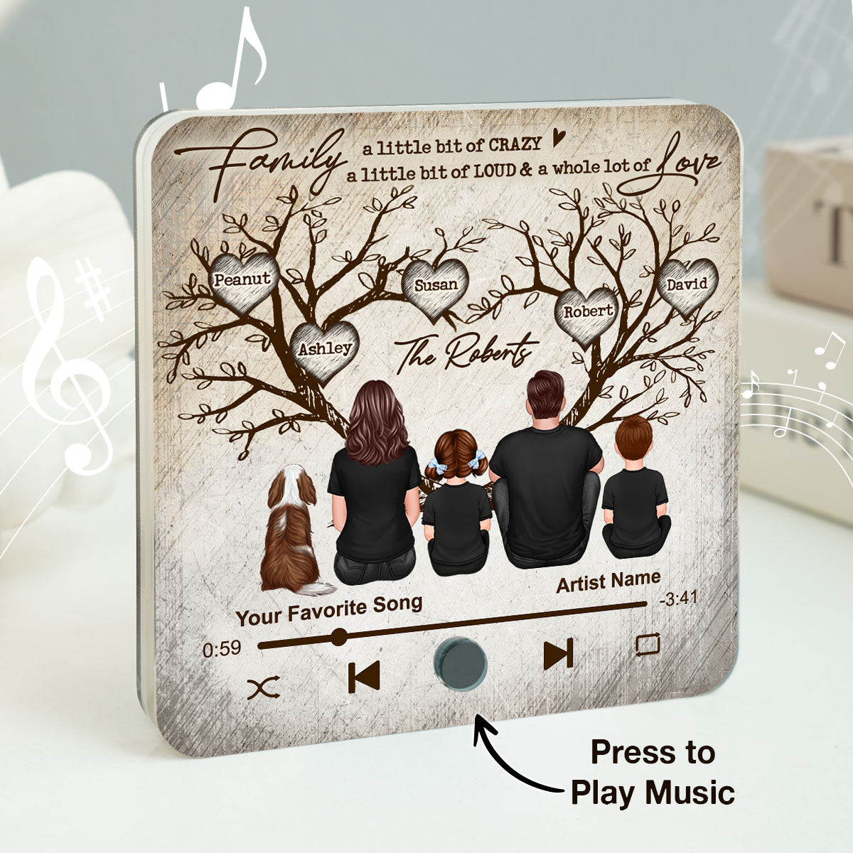 Family Heart Tree Sitting Personalized Music Fridge Magnet, Home Decoration, Anniversary Gift For Family, Gift For Husband, Wife