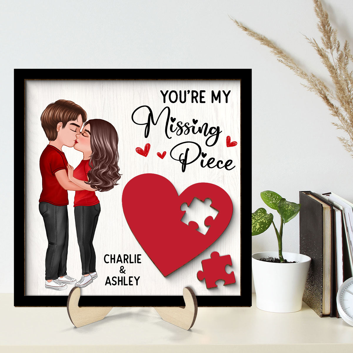 Couple Kissing Standing Red Heart Puzzle Personalized 2-layer Wooden Plaque, Valentine‘s Day Gift For Him, For Her