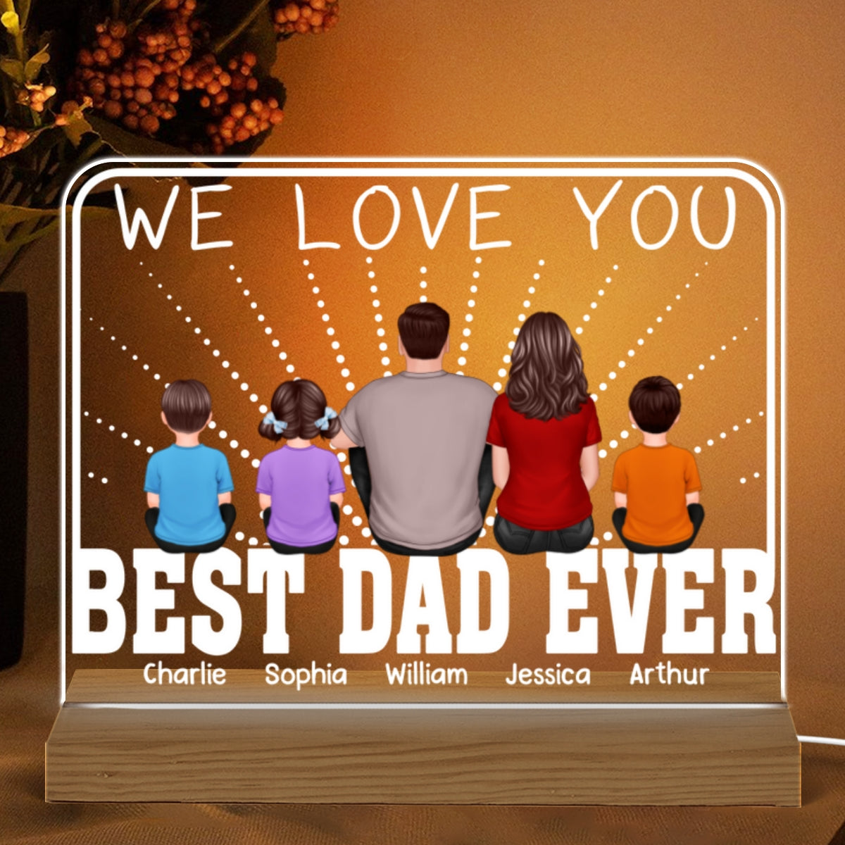 Best Dad Ever Back View Man Kids Dog Cat Personalized Rectangle Custom Shaped Acrylic Plaque With Warm LED Night Light