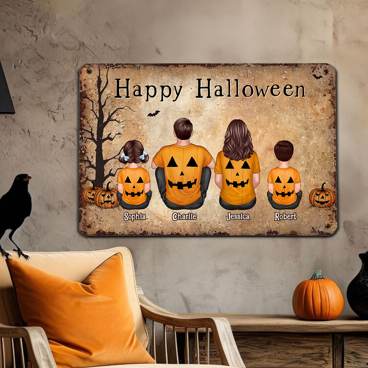Halloween Family Sitting Personalized Metal Sign, Halloween Decoration