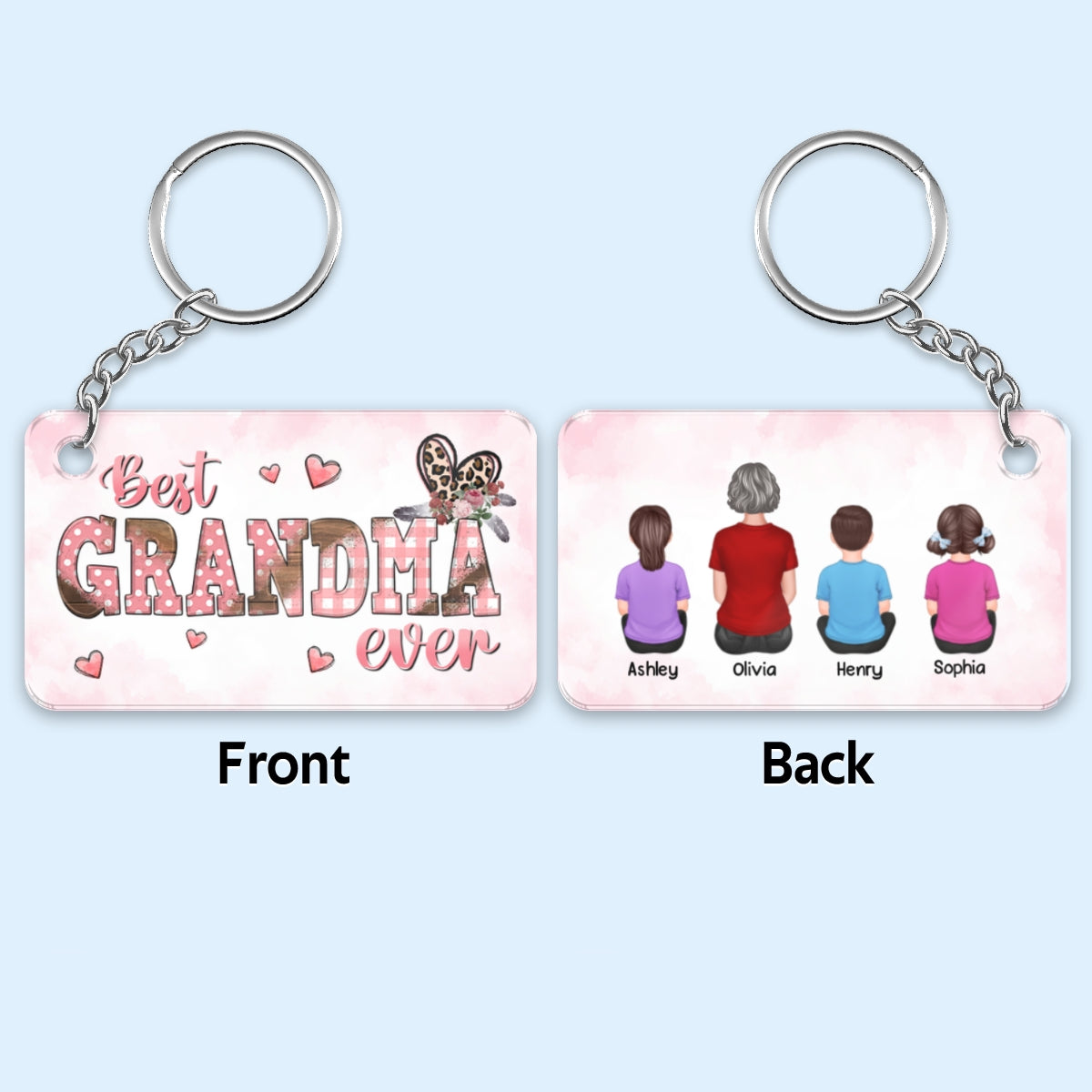 Best Mom Grandma Ever Pink Leopard Back View Woman & Kids Personalized Acrylic Keychain