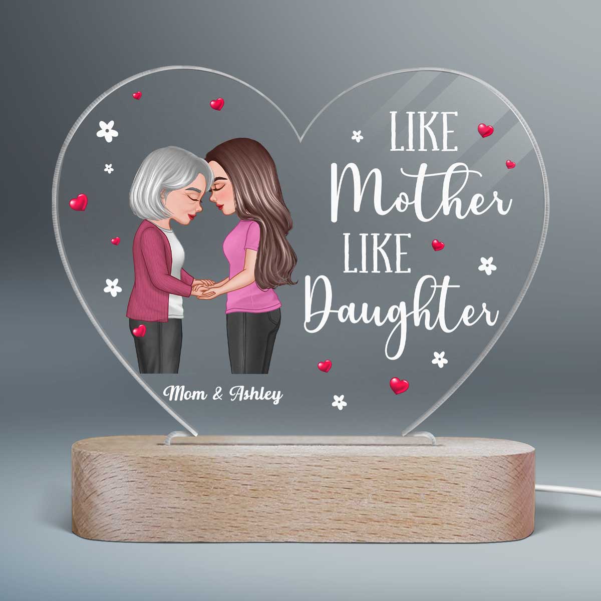 Mom Daughter Holding Hand Personalized Acrylic Heart Plaque With LED Night Light