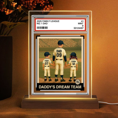Baseball No. 1 Dad Man & Kids Trading Card Style Personalized Acrylic Plaque With LED Night Light