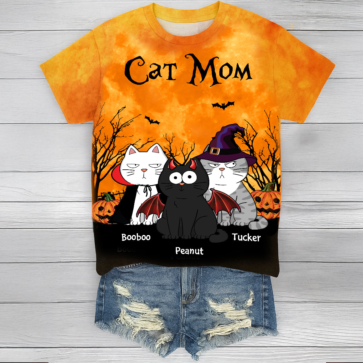Cat Mom Halloween Moon Light Bat Tree Annoying Cat Personalized Shirt, Purrfect Costume for Cat Lover