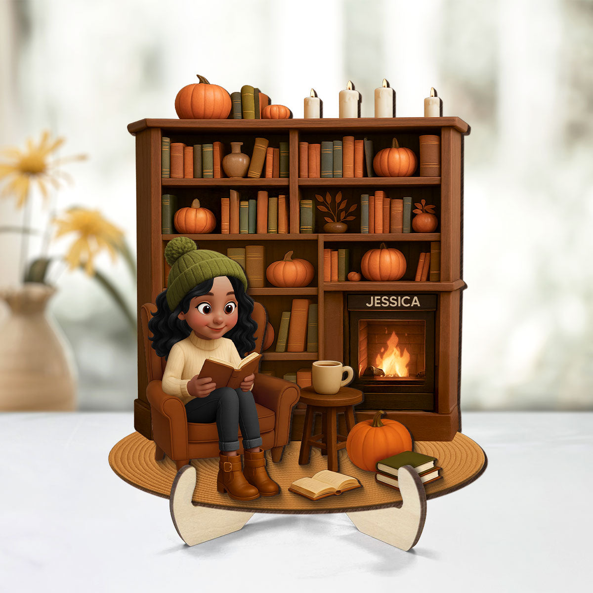 Fall Girl Reading Book Cozy Bookself Personalized 2-Layer Wooden Plaque