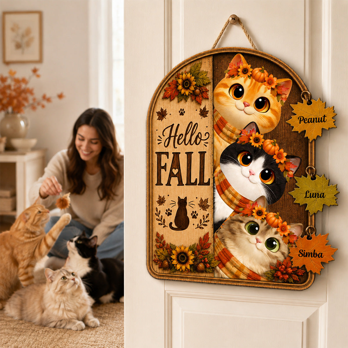Hello Fall Peeking Cats 2D Flat - Personalized Door Sign - Fall Season Decor For Cat Lovers
