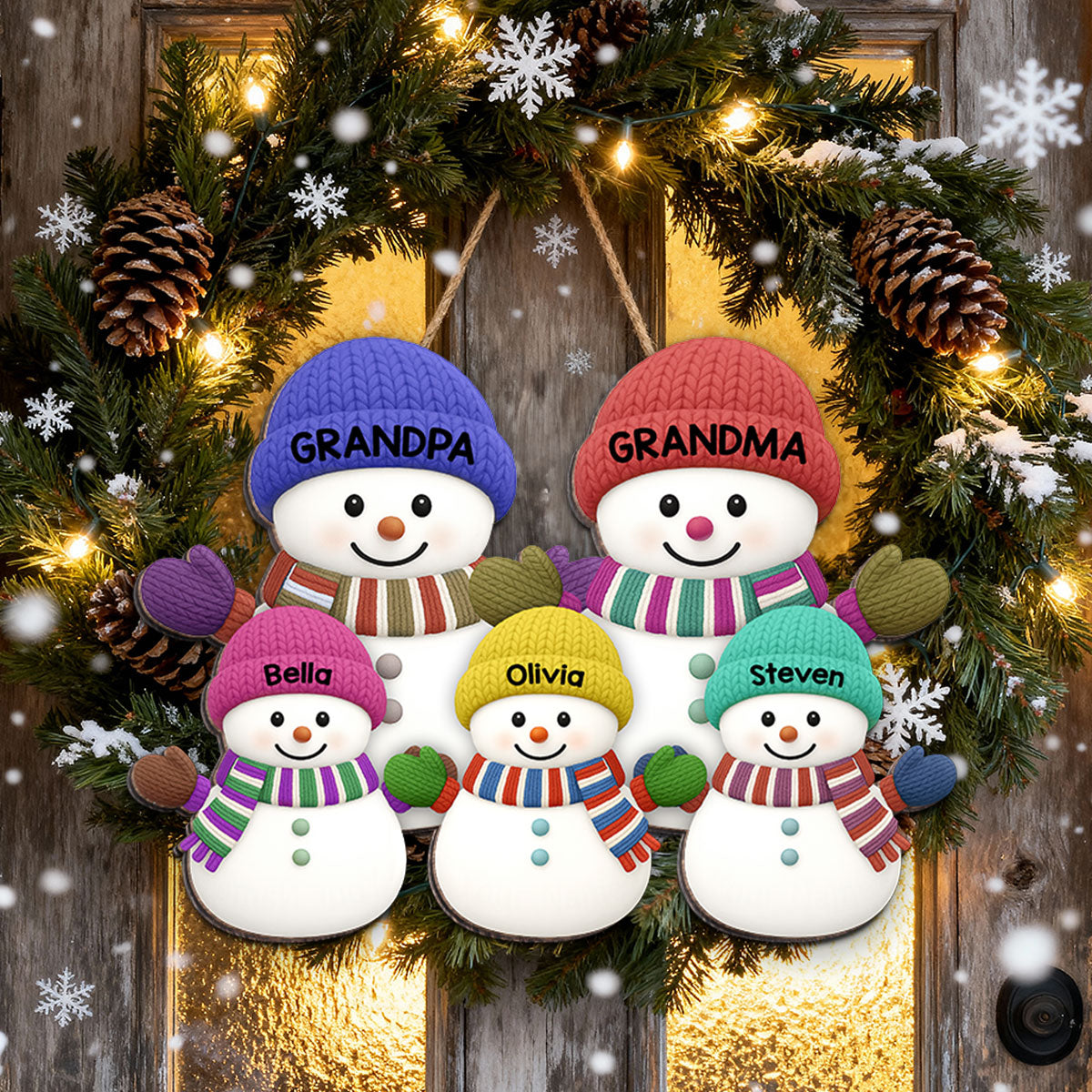 Christmas Grandma Grandpa And Grandkids Snowman Together - Personalized Wood Sign
