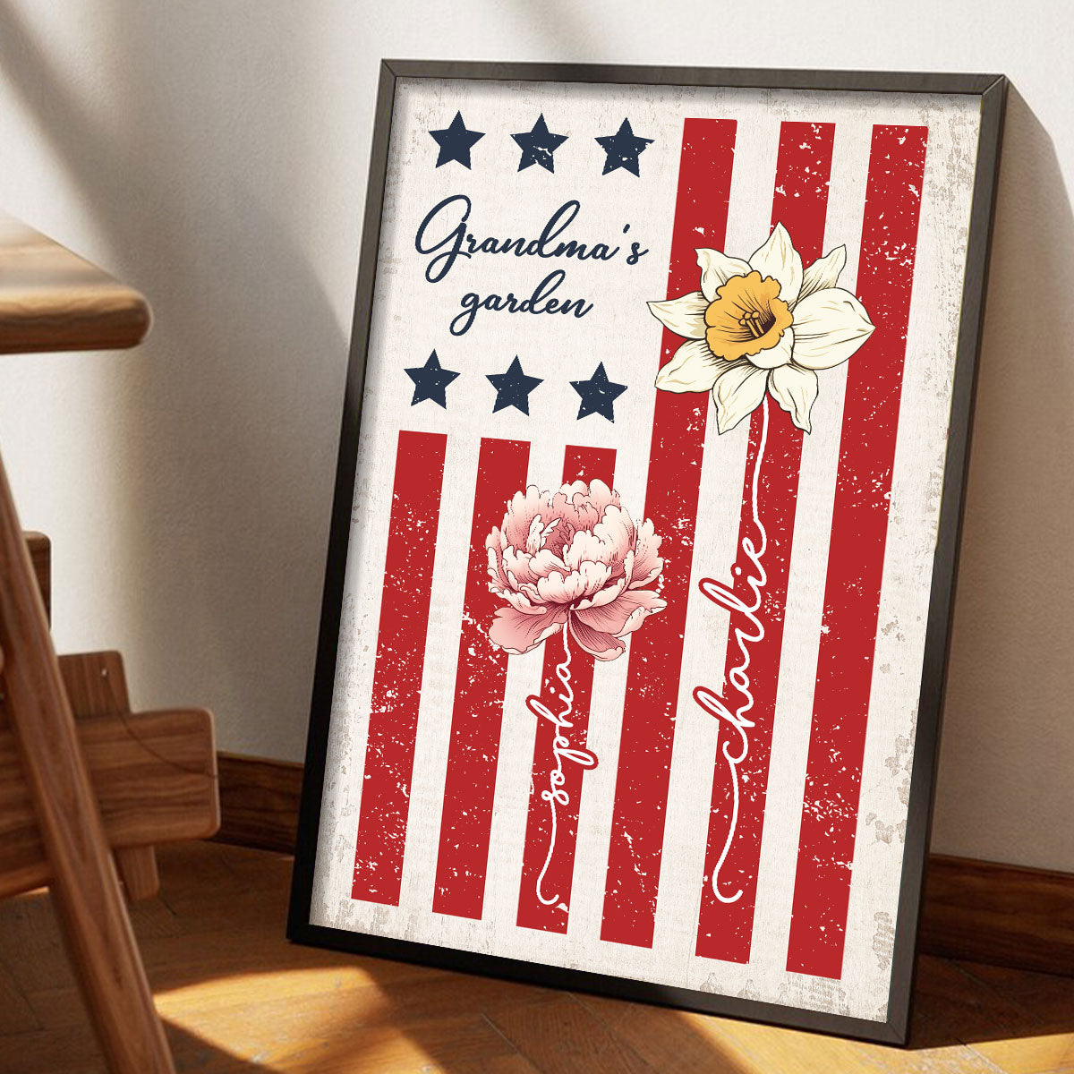 Grandma's Garden 4th Of July American Flag Personalized Poster, Birth Month Flower, Gift For Grandma