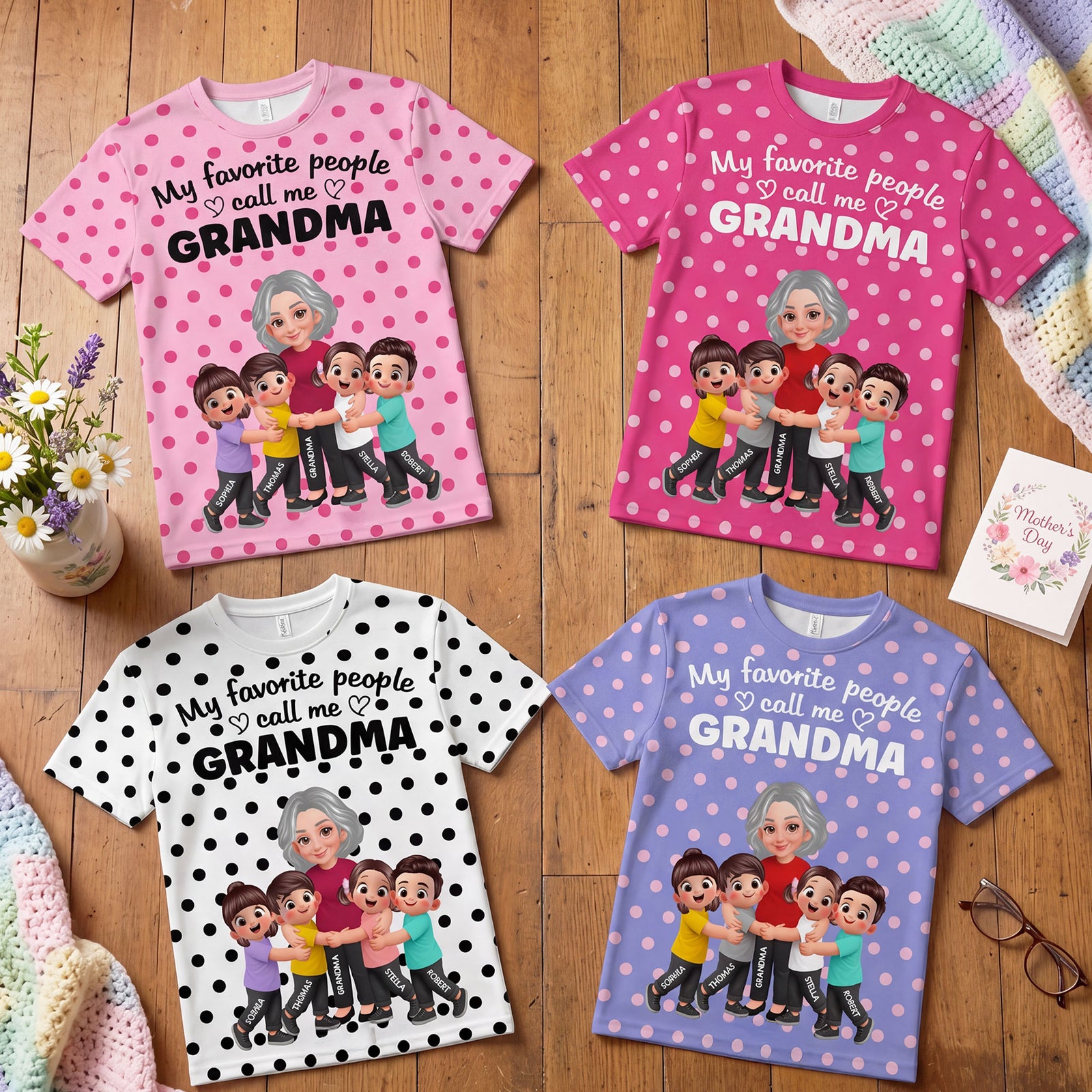 Grandma Grandkids Hugging Polka Dot Pattern - Personalized Shirt - Gift For Grandma, Mom