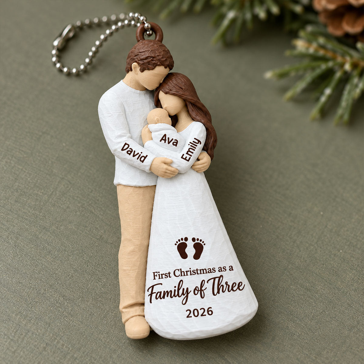 3D Figure First Christmas As Family Of Three - Personalized 3D Printed Ornament - First Christmas Keepsake For New Parents
