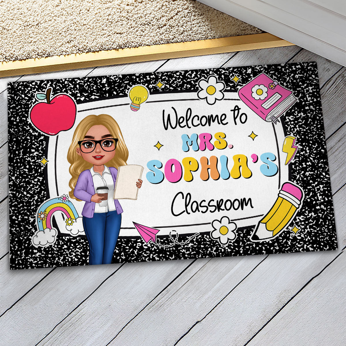 Teacher Composition Book Pattern - Personalized Doormat - Back To School Gift, Classroom Decoration