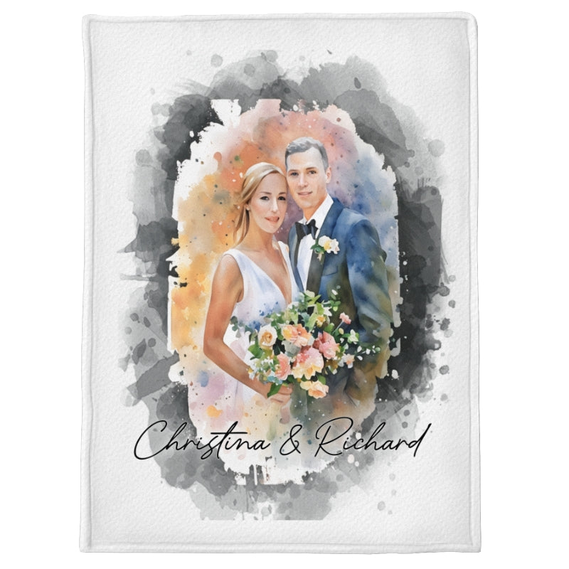 Watercolor Couple Portrait from Photo, Custom Wedding Anniversary Christmas Gift for Wife Husband Parents, Personalized Fleece Blanket