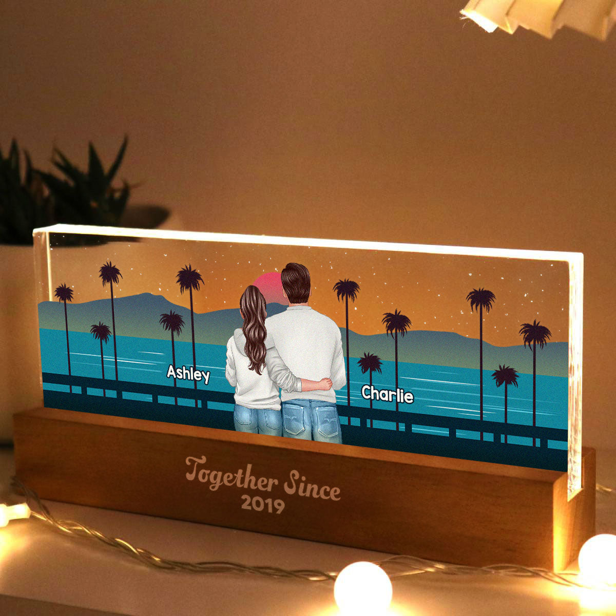 Retro Back View Couple Standing Hugging Personalized Acrylic Block LED Night Light