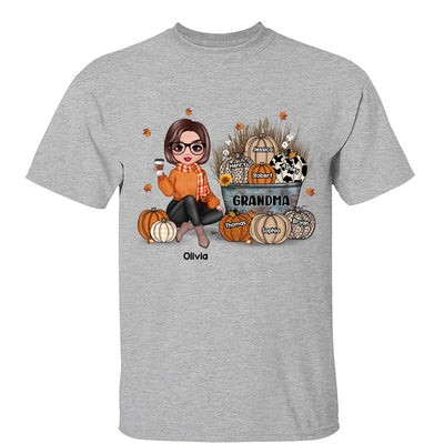 Grandma Mom Fall Season Sitting Pumpkin Bucket Personalized Shirt