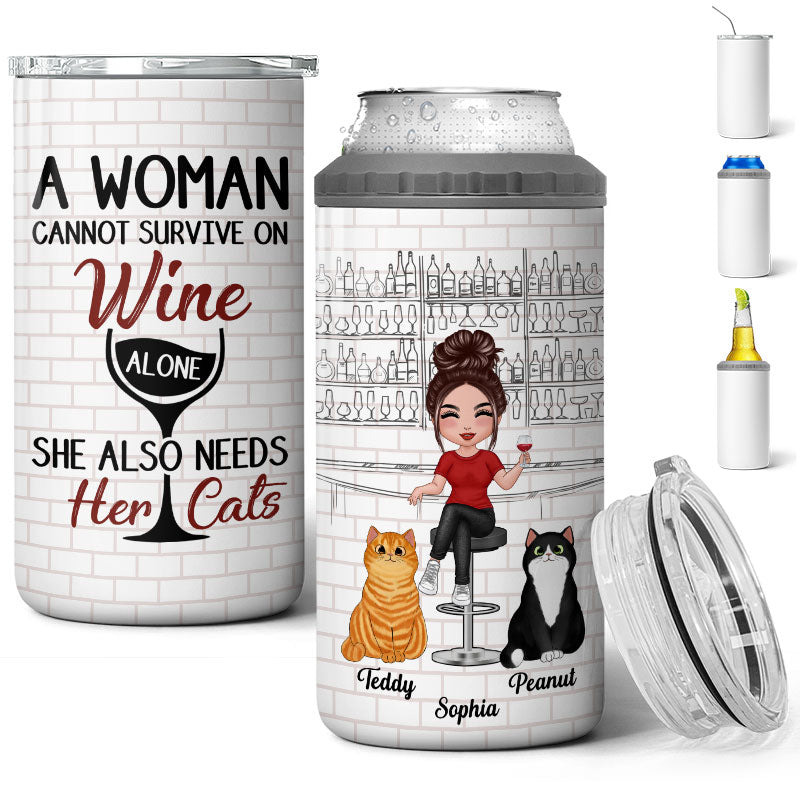Cat Mom Cannot Survive On Wine Alone Wine Bar Multi Use Tumbler - Personalized 4 In 1 Can Cooler - Gift For Cat Moms
