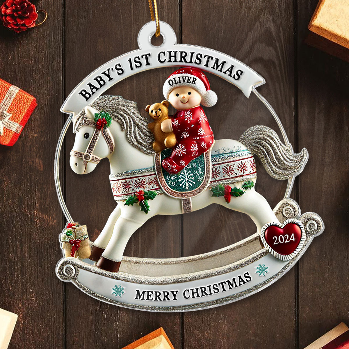 Baby First Christmas Newborn On Horse Keepsake 3D Effect Personalized Acrylic Ornament