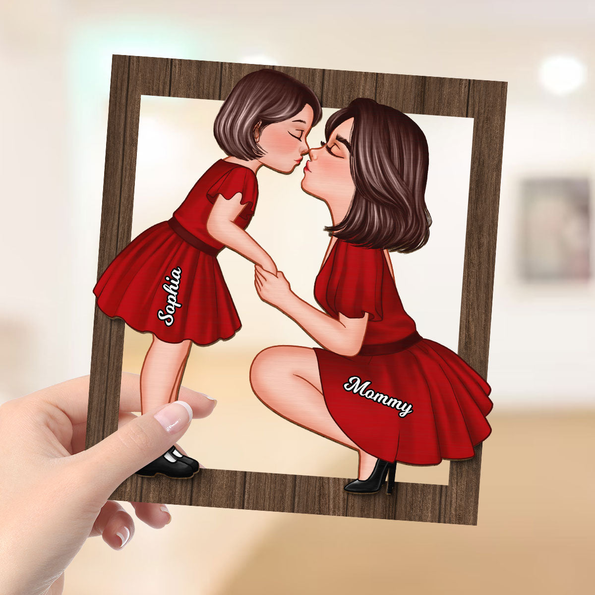 Mom And Kid Holding Hands Kissing Frame Personalized 2-layer Wooden Plaque